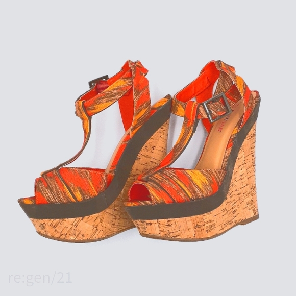 JustFab Cerise NWOT Orange Cork Wedge Sandals - Picture 3 of 6